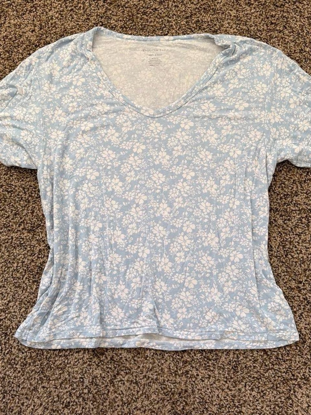 American Eagle Outfitters Light Blue Floral V-Neck Tee